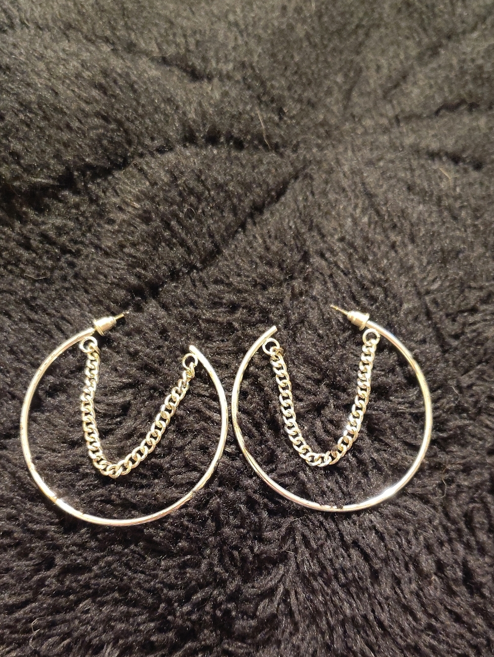 Silver Hoop Earrings with Chain Accent - Women Jewelry